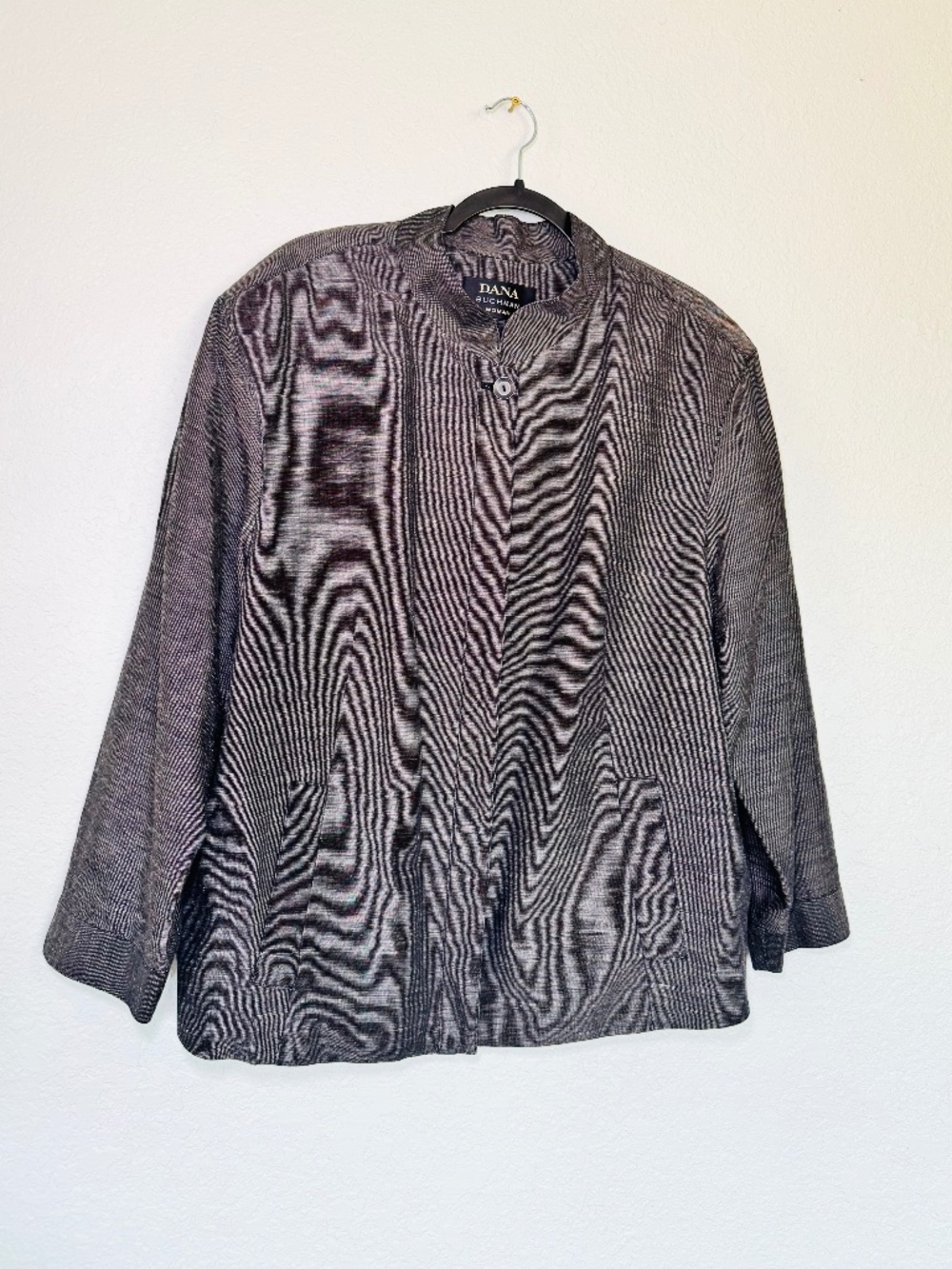 Dana Buchman Shacket 16 Silk Linen Blend Gray Mandarin Collar Lagenlook Chic Vtg